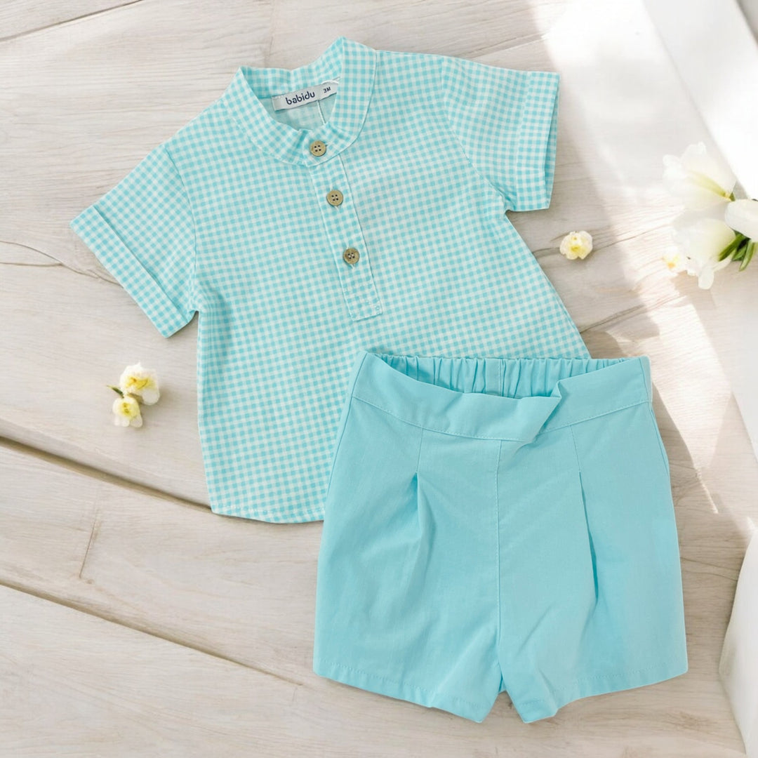 Babidu Turquoise & White Gingham Shirt & Shorts Set