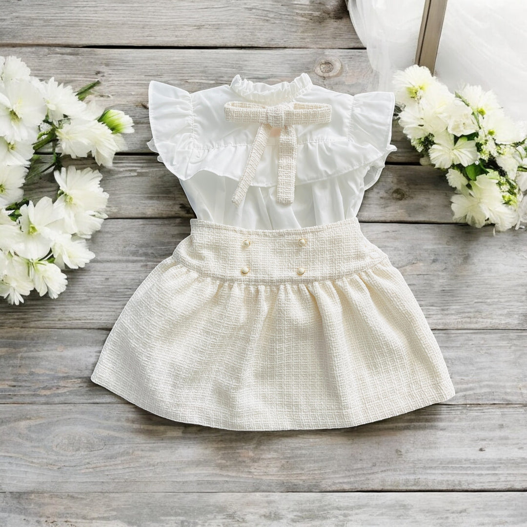 Puro Mimo Ivory Ruffle Blouse & Boucle Skirt