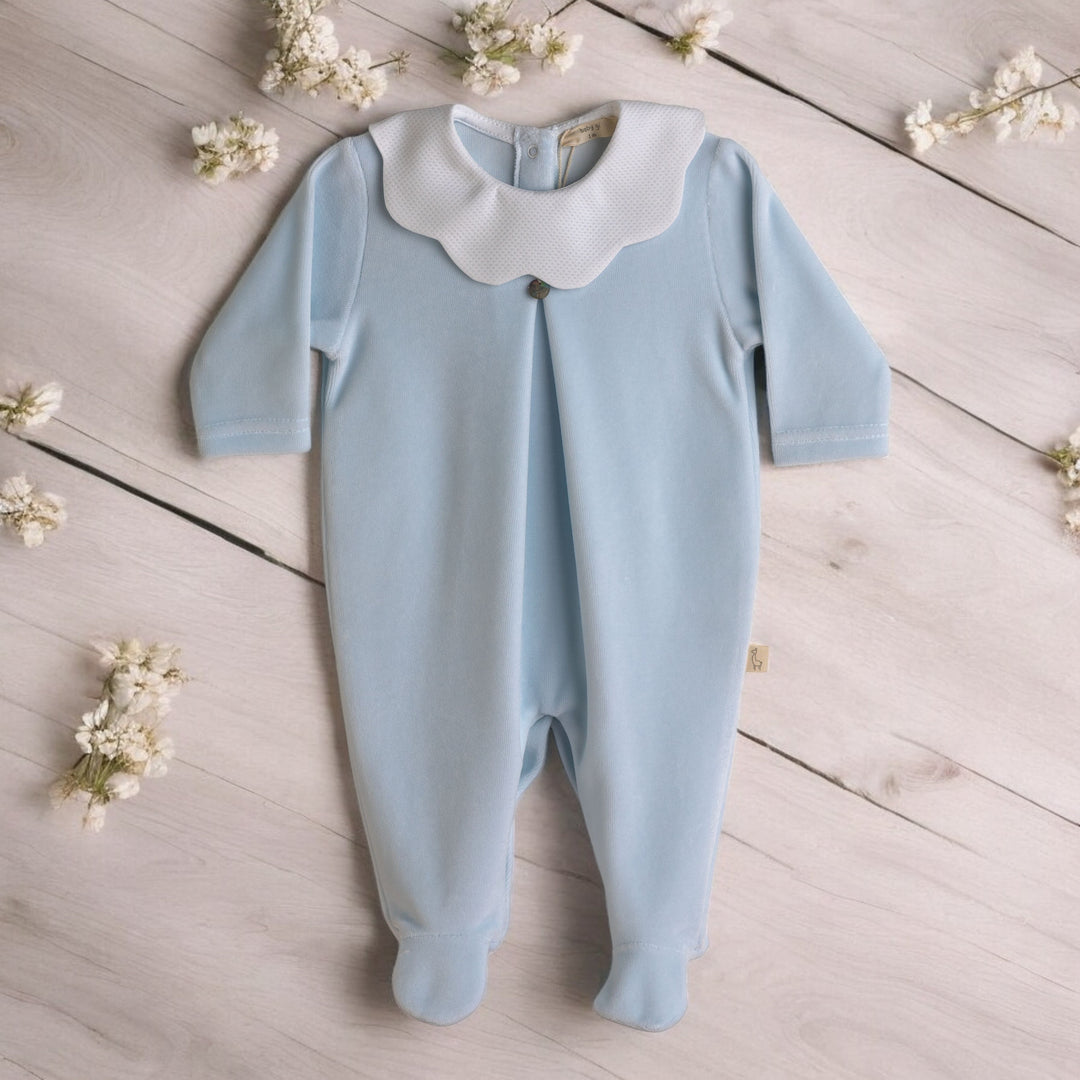 Baby Gi Blue Velour Scalloped collar Sleepsuit