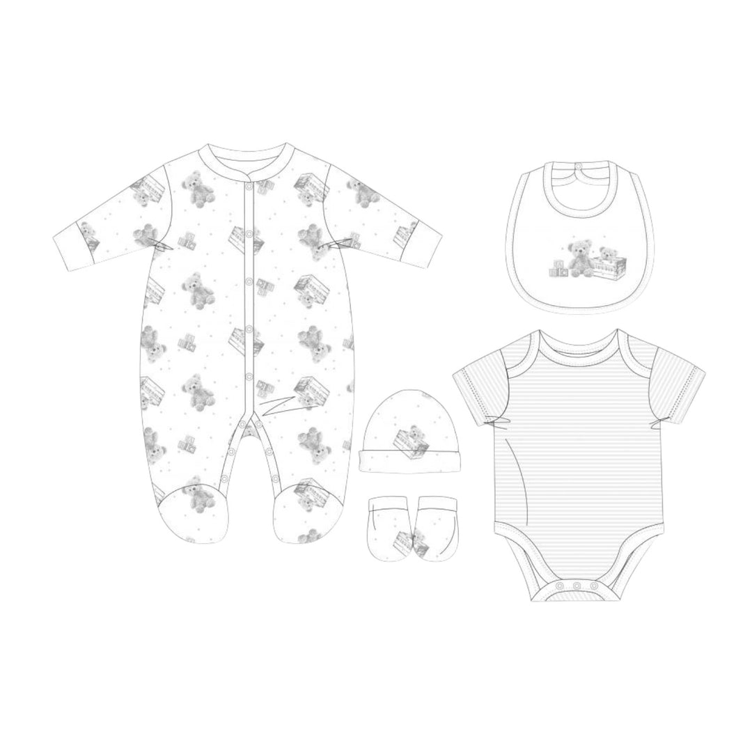 5 Piece Unisex Grey & White Layette Gift Set
