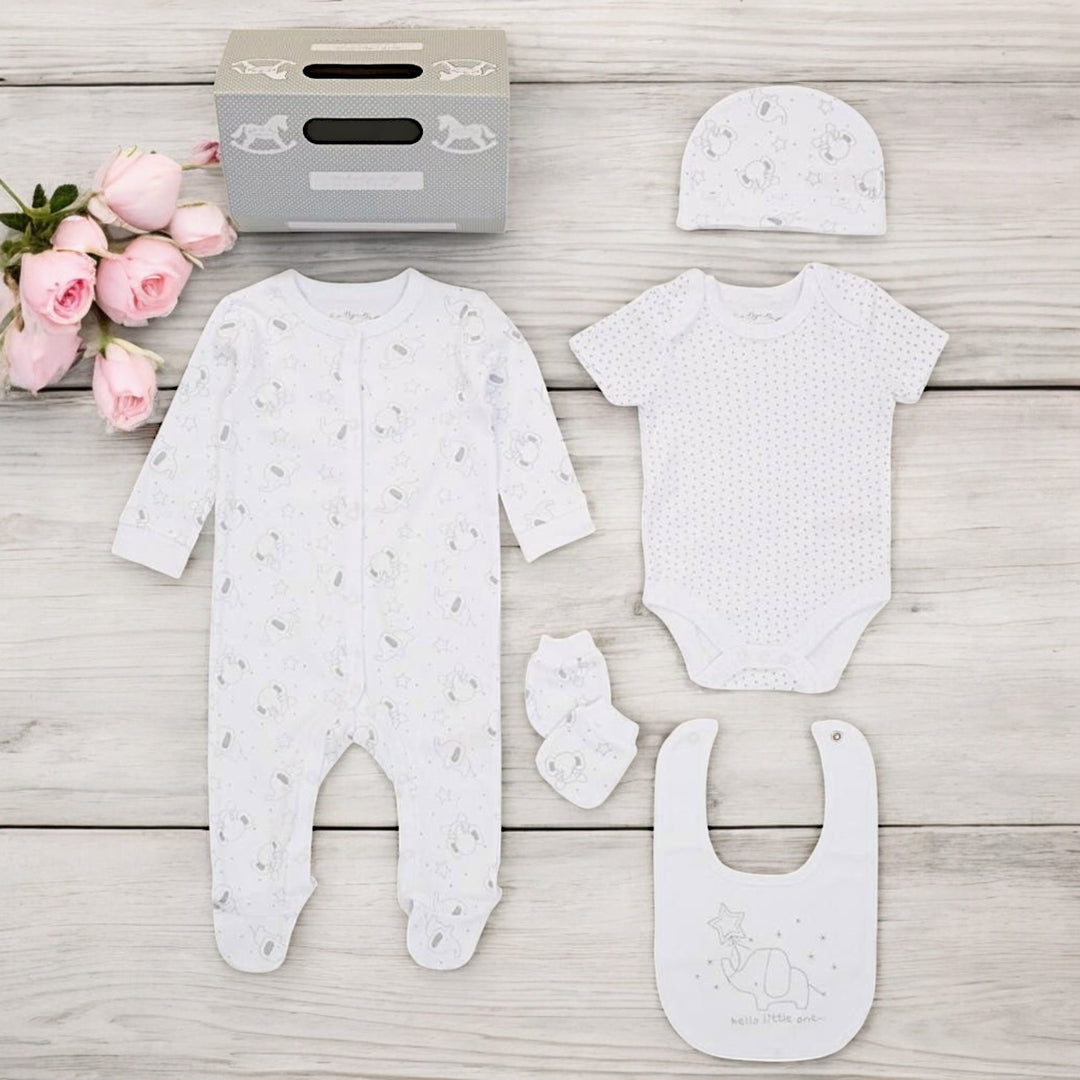 Elephant 5 Piece Unisex Grey & White Layette Gift Set