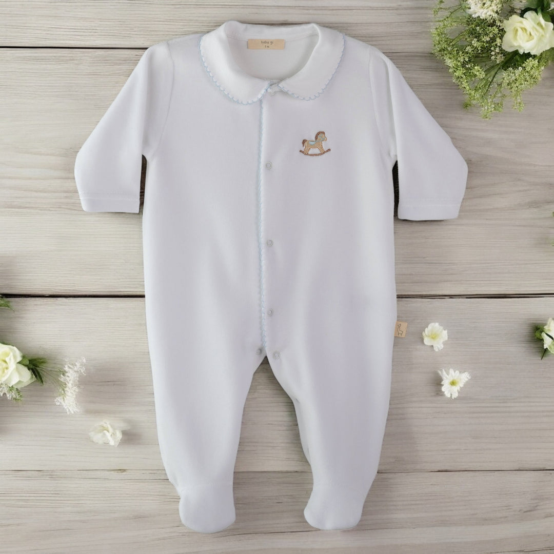 Baby Gi White Velour Rocking Horse Boys Sleepsuit