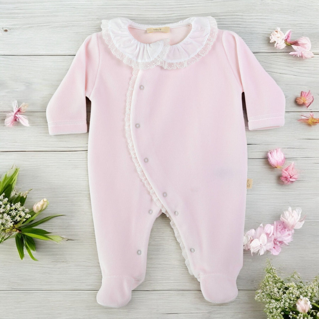 Baby Gi Pink Velour Lace Ruffle Sleepsuit