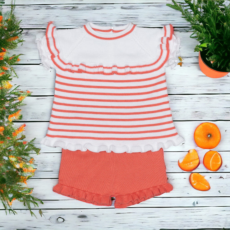 White & Coral Stripe Knitted Short Set