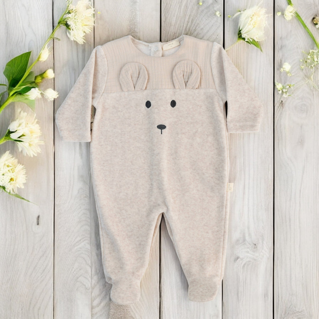 Baby Gi Light Beige Velour Bear Sleepsuit