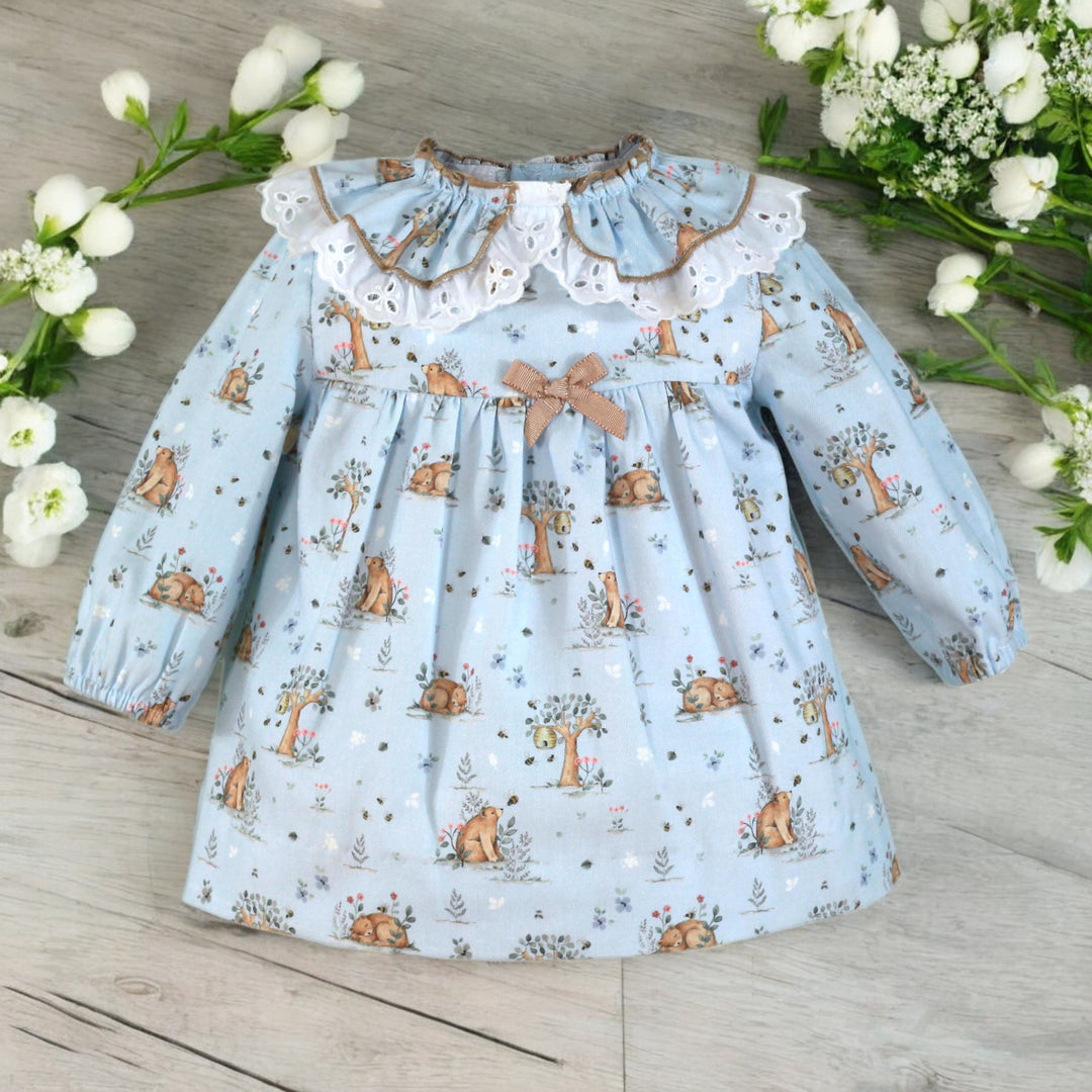 Miranda Blue Woodland Bear Print Spanish Dress Front