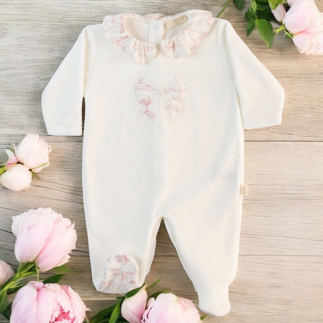 Baby Gi Ivory & Pink Toile De Jouy Velour Sleepsuit