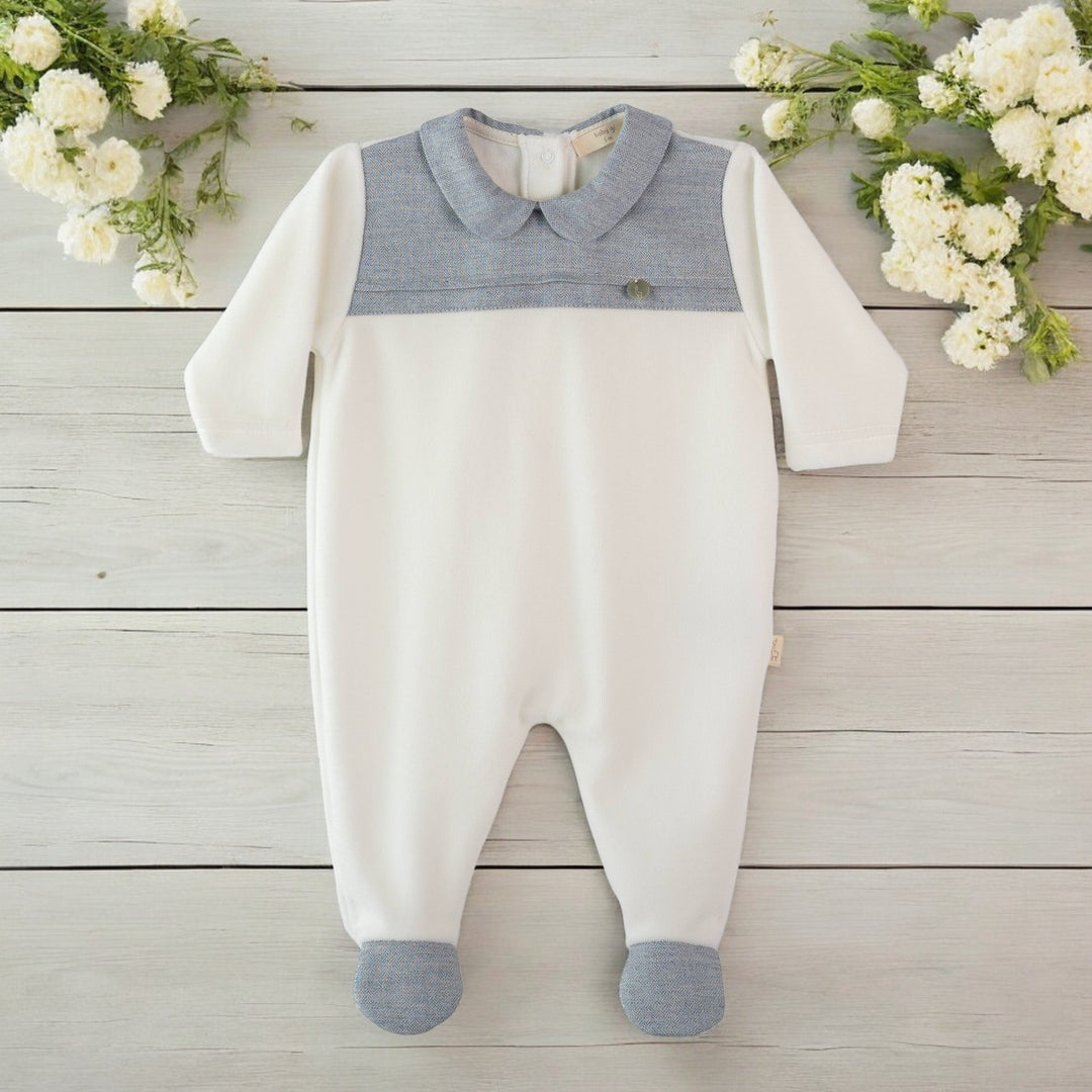 Baby Gi Ivory Velour & Blue Herringbone Boys Sleepsuit