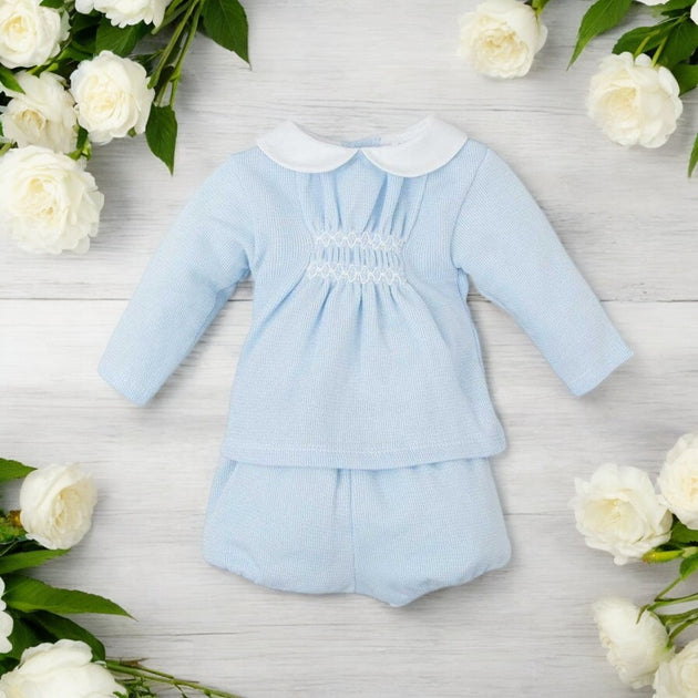 Babidu Baby Blue Smocked Knitted Jam Pants Set Bows Baby Boutique