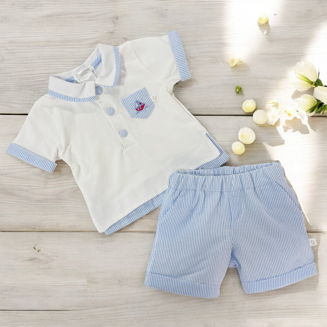 Deolinda Blue & White Striped Polo & Shorts Set