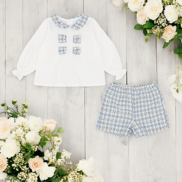 Pastels & Co "Cassie" White Blouse & Ice Blue Shorts Set Bows Baby