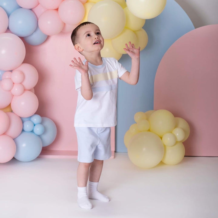 White & Lemon Top & Blue Shorts