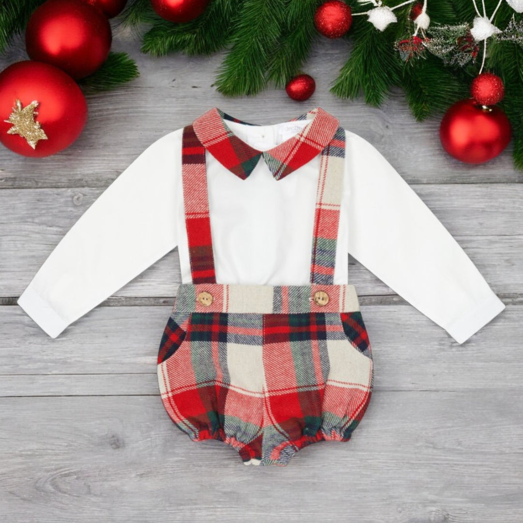 Deolinda White Shirt & Red Tartan Dungaree Jam Pants