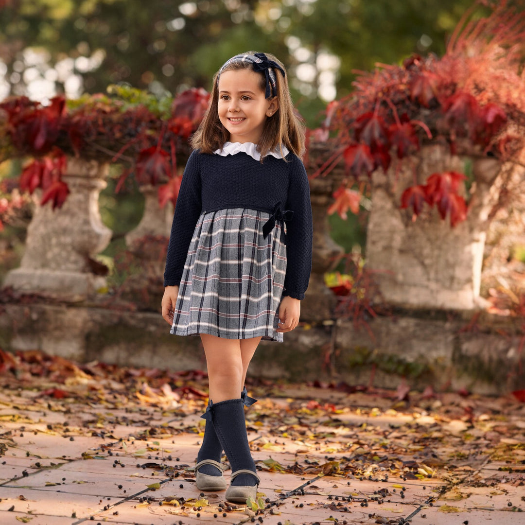 Juliana Navy Half Knit & Tartan Dress