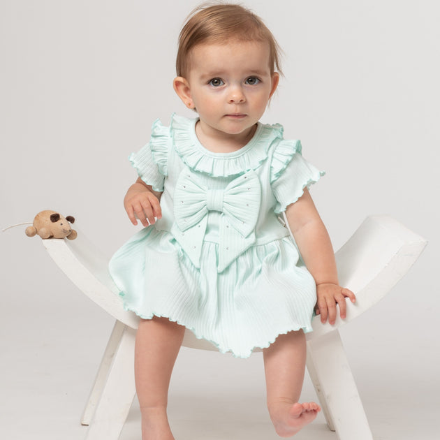 Caramelo Mint Ruffle Ribbed Dress Set Bows Baby Boutique