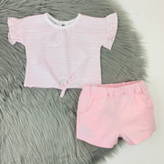 Pink & White Stripe Shorts & Ruffle T-Shirt Set