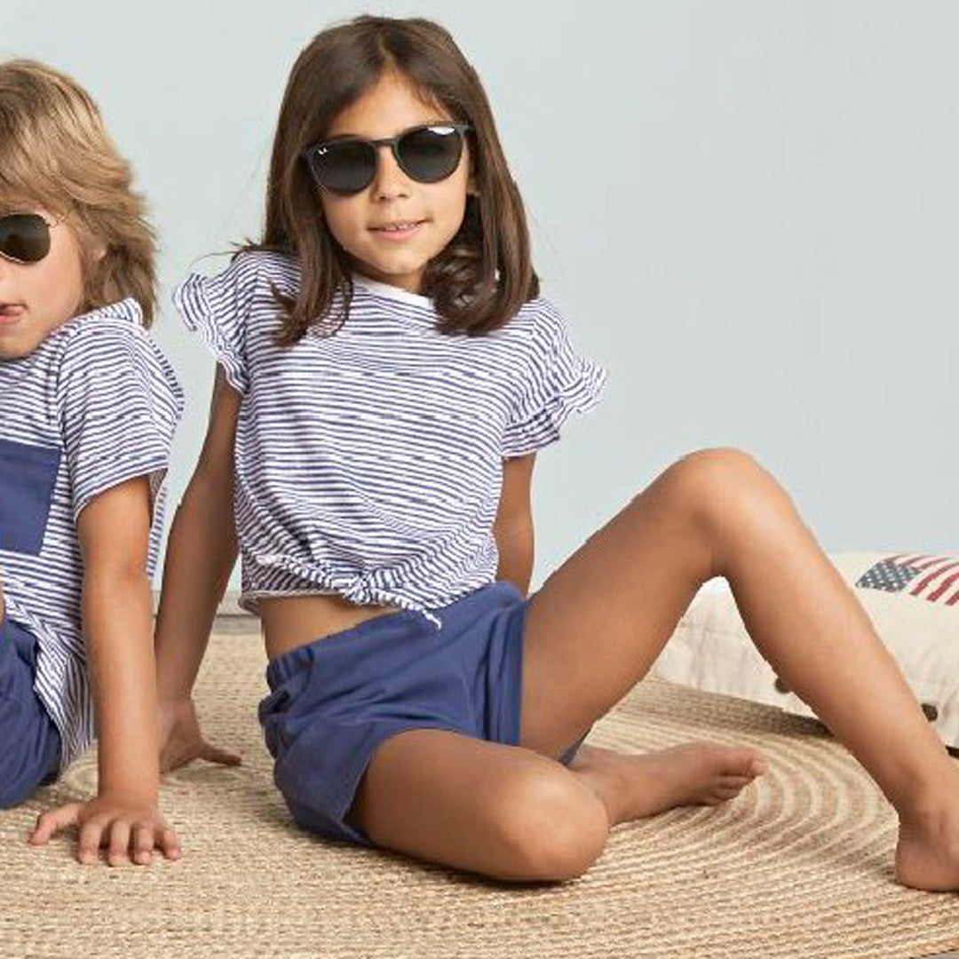 Navy Blue & White Stripe Shorts & Ruffle T-Shirt Set