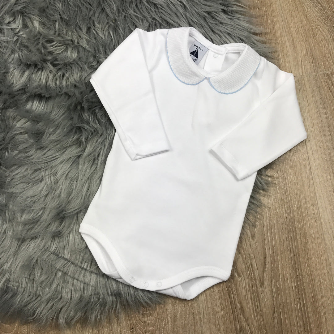 Peter Pan Collar Long Sleeve White Body Vest Blue Trim