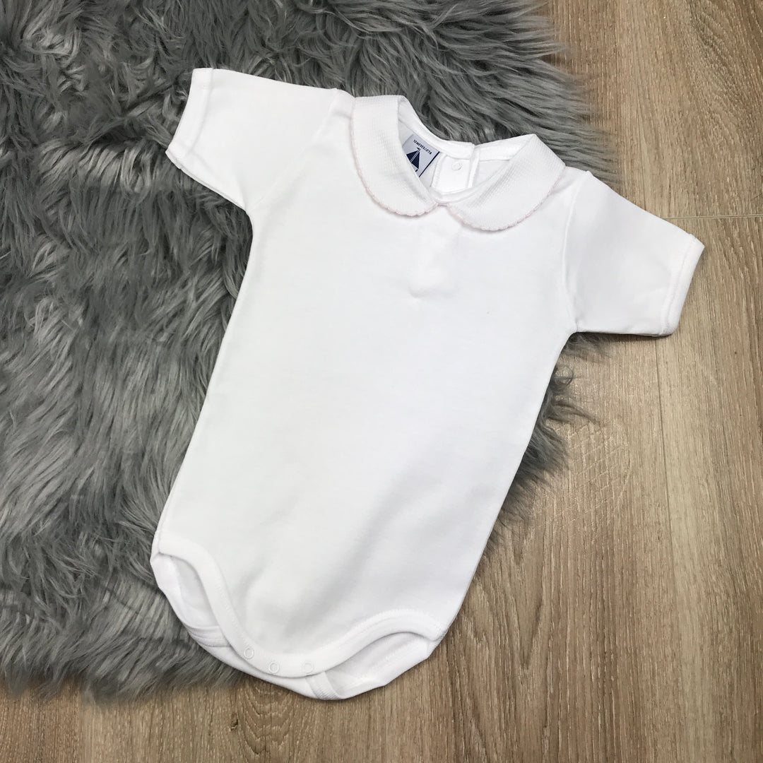 Peter Pan Collar Short Sleeve White Body Vest Pink Trim