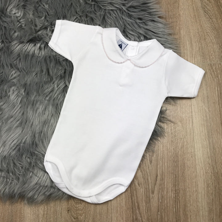 Peter Pan Collar Short Sleeve White Body Vest Pink Trim