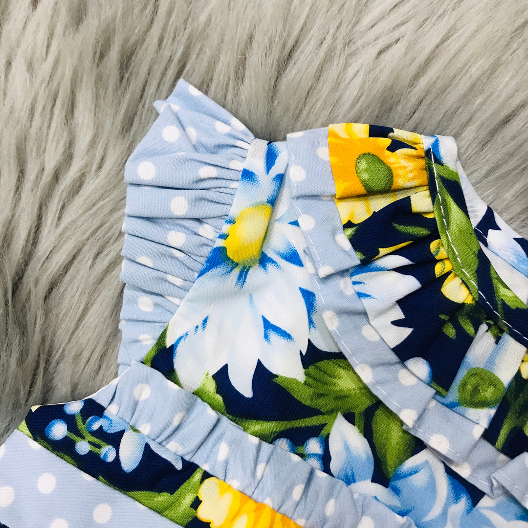 Golden Yellow and Blue Spanish Dress with Floral Print design Capped Sleeve