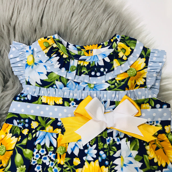 Golden Yellow and Blue Spanish Dress with Floral Print design Collar