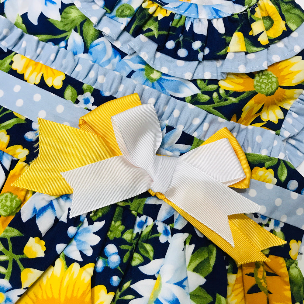 Golden Yellow and Blue Spanish Dress with Floral Print design Bow Close