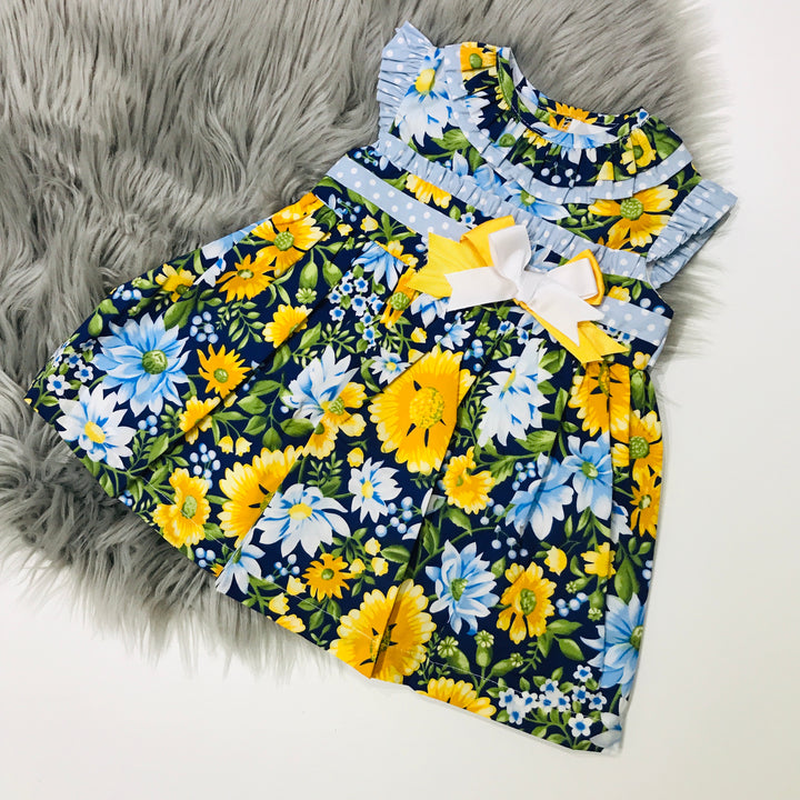 Golden Yellow and Blue Spanish Dress with Floral Print design