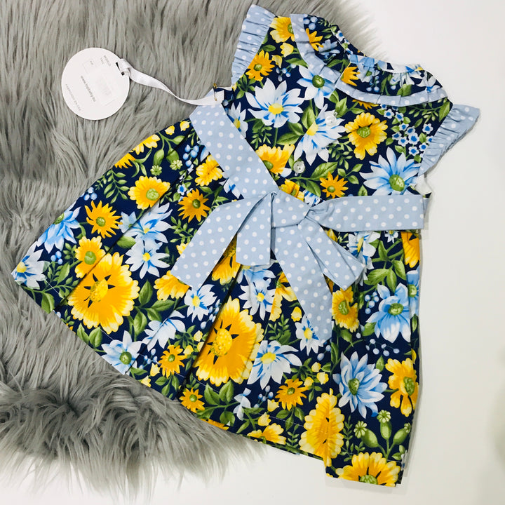 Golden Yellow and Blue Spanish Dress with Floral Print design Back