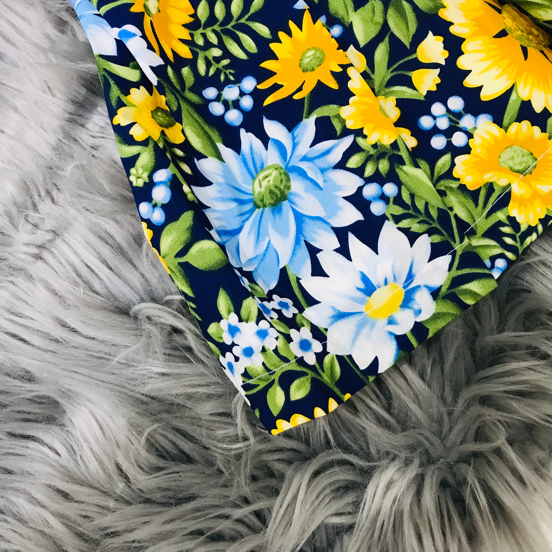 Golden Yellow and Blue Spanish Dress with Floral Print design Hem Close