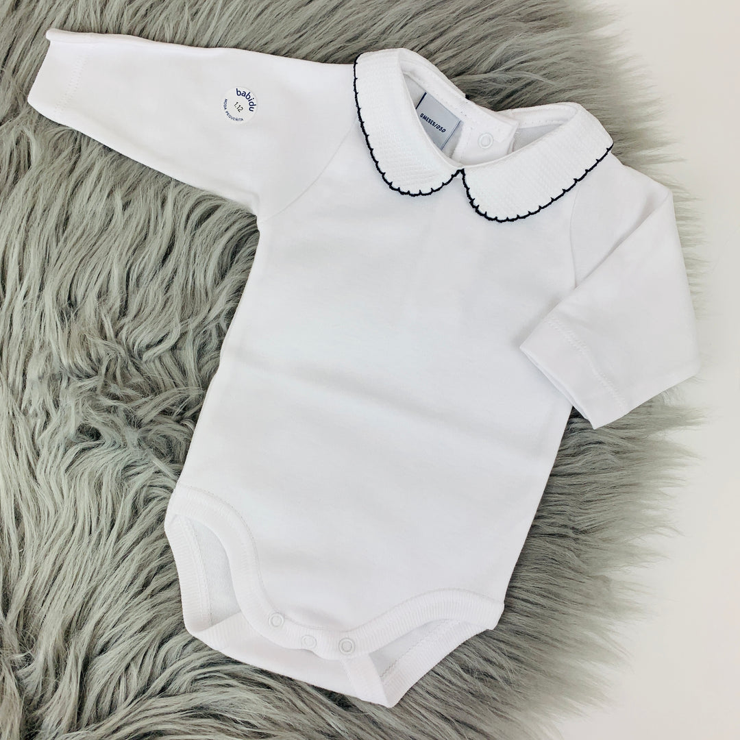 Peter Pan Collar Long Sleeve White Body Vest Navy Trim