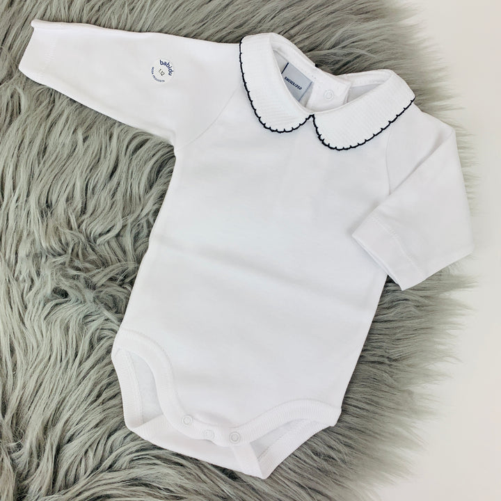 Peter Pan Collar Long Sleeve White Body Vest Navy Trim