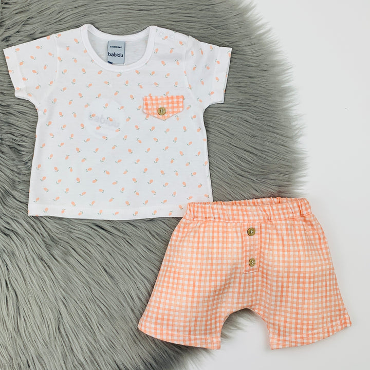 Orange & White Gingham Shorts & T Shirt Set