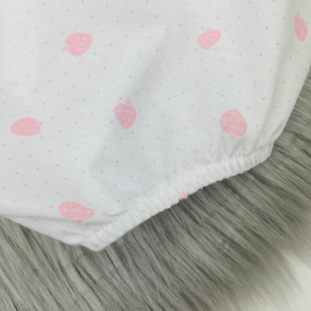 Pink & White Strawberry Romper Fabric Close