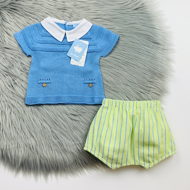 Mac ilusion Dusky Blue Knitted Jam Pants Set Bows Baby Boutique