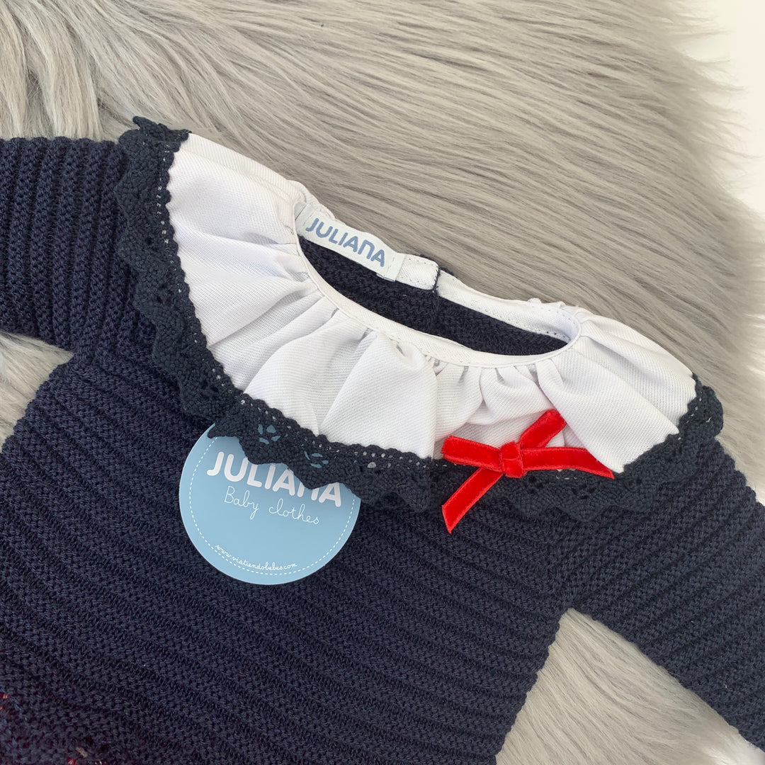 Navy Blue & Red Knit Tartan Dress Collar Close