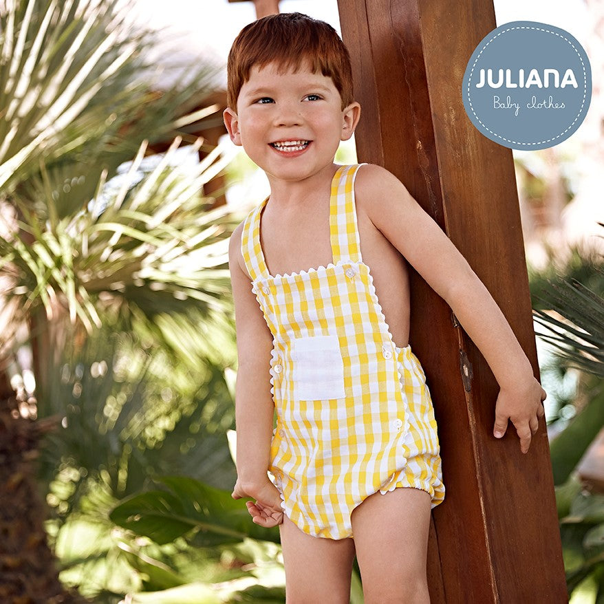 Juliana Yellow Gingham Dungaree Romper Bows Baby Boutique
