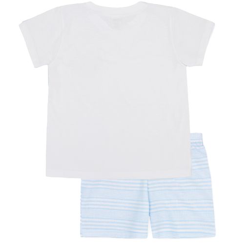 White T Shirt & Blue Stripe Shorts