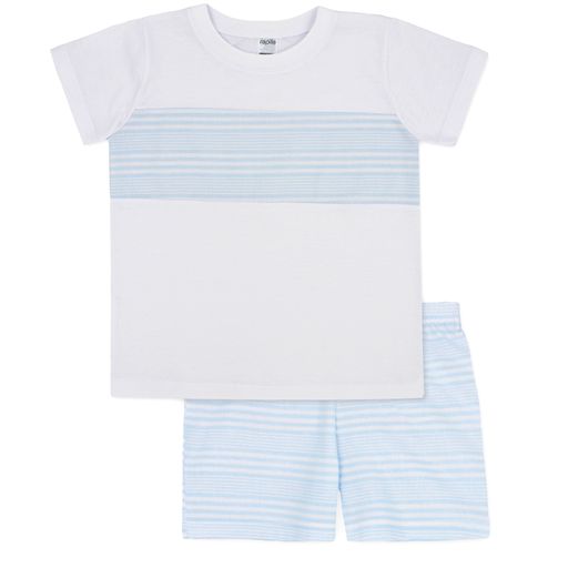White T Shirt & Blue Stripe Shorts