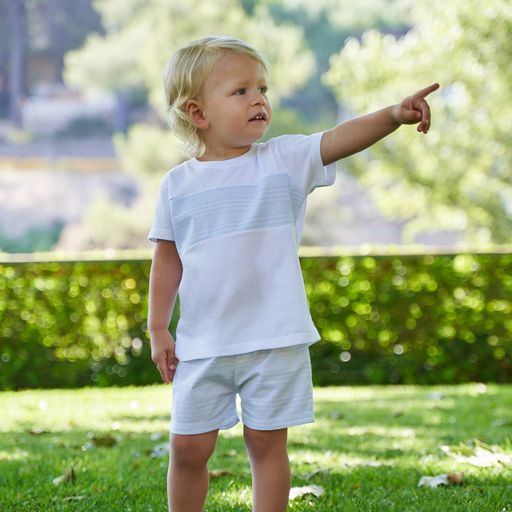 White T Shirt & Blue Stripe Shorts