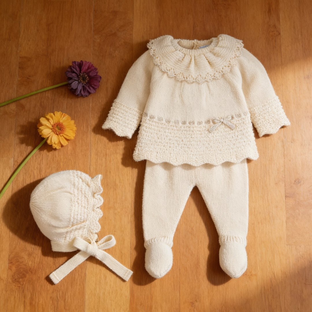 Mac Ilusion Oatmeal Ruffle Collar Three Piece Knitted Set