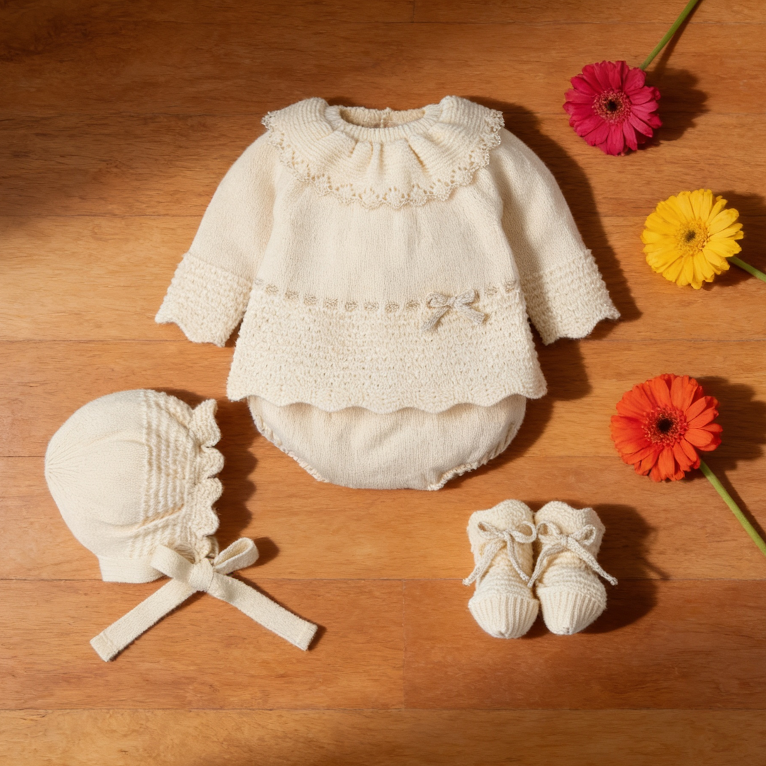 Mac Ilusion Oatmeal Ruffle Collar Four Piece Knitted Set