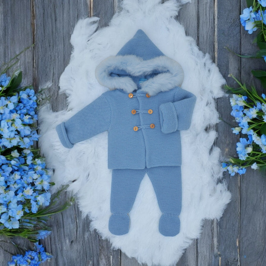 Blue Knitted Hooded Coat & Trouser Set