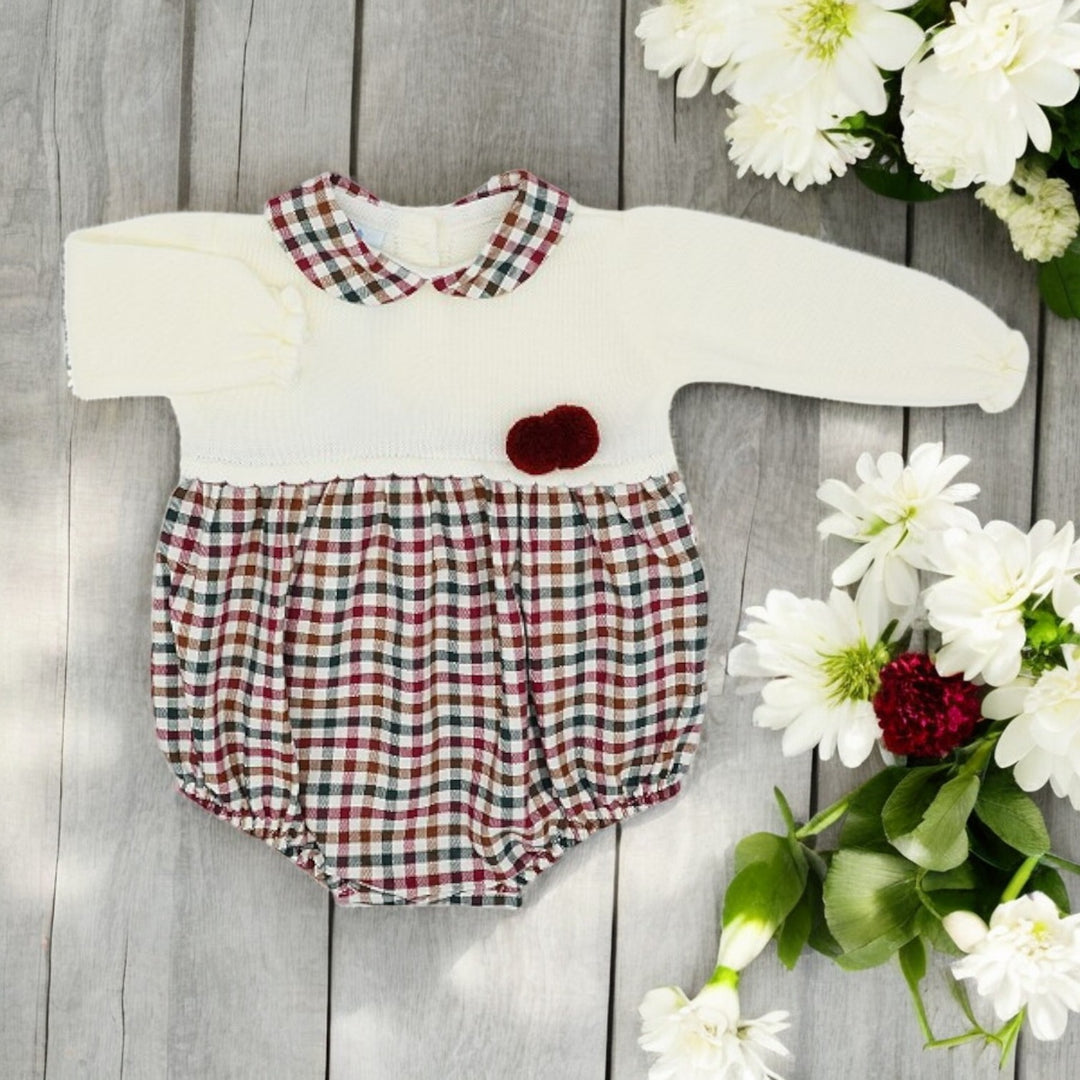 Sardon Cream & Burgundy Half Knit Romper