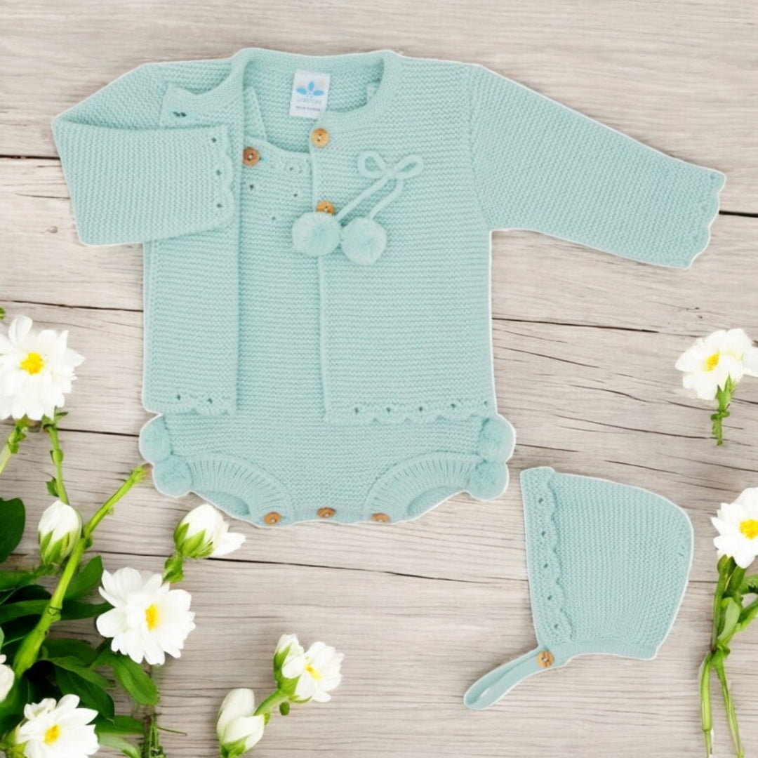 Sardon Mint Knitted Pom Pom Top & Romper Set