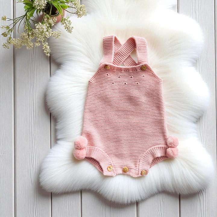 Sardon Rose Pink Knitted Pom Pom Romper 