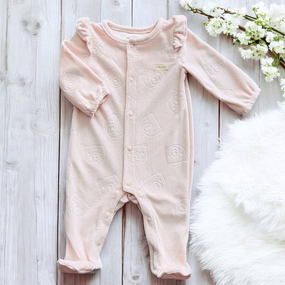 Huggies Pink Velour Bear Sleepsuit