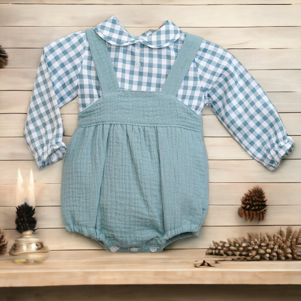 Green & White Gingham Shirt & Dungaree Set