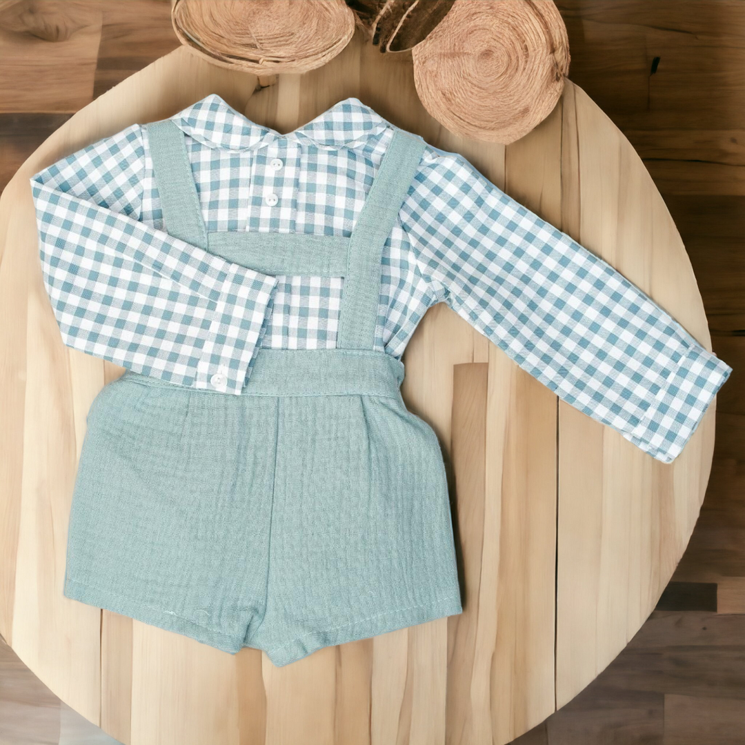 Green & White Gingham H Bar Shorts & Shirt Set