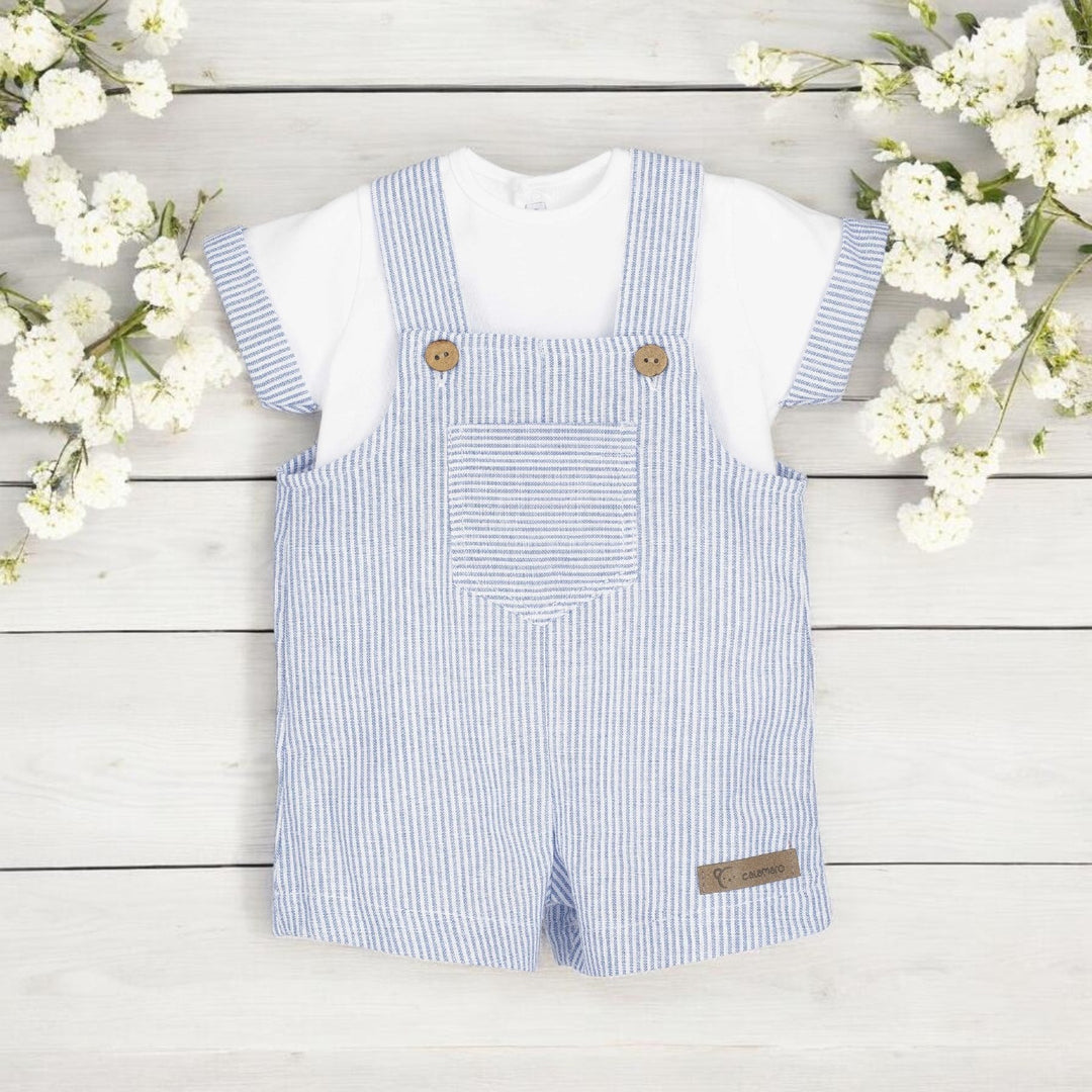 Calamaro White Top & Blue Stripe Dungaree Romper Set